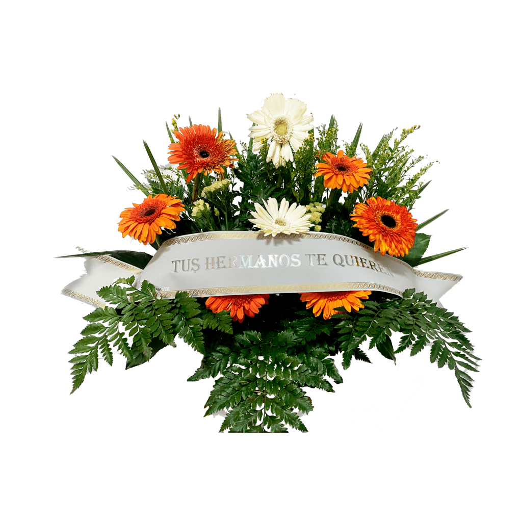 centro de mesa foral, compuesto por flores blancas y naranjas