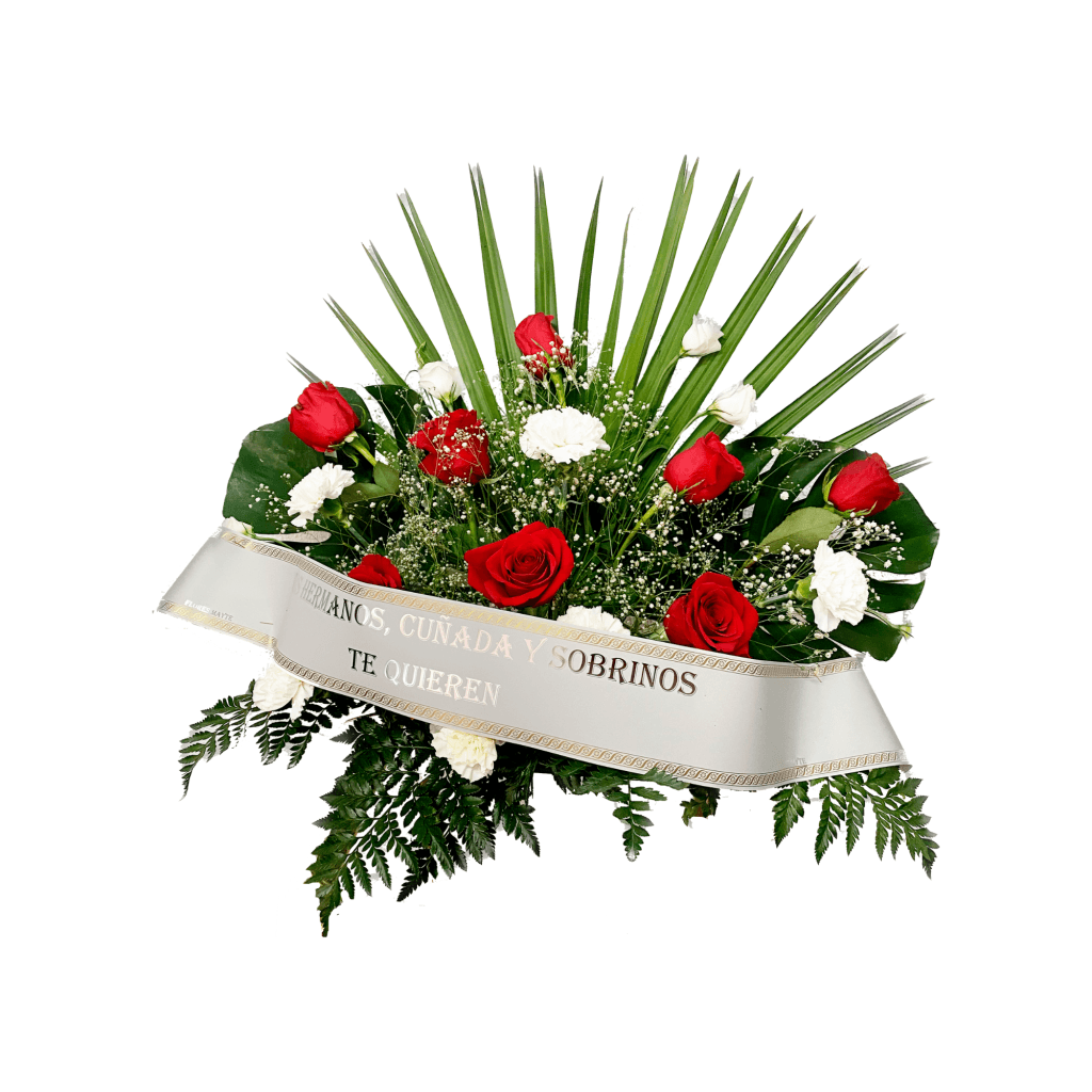 centro de flores con rosas rojas y claveles blancos