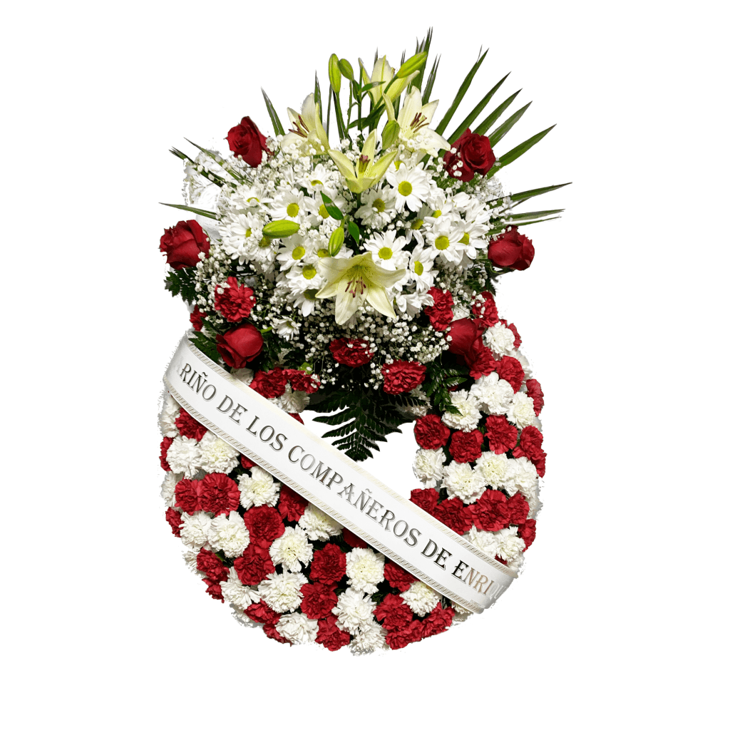corona de flores en tono rojo y blanco