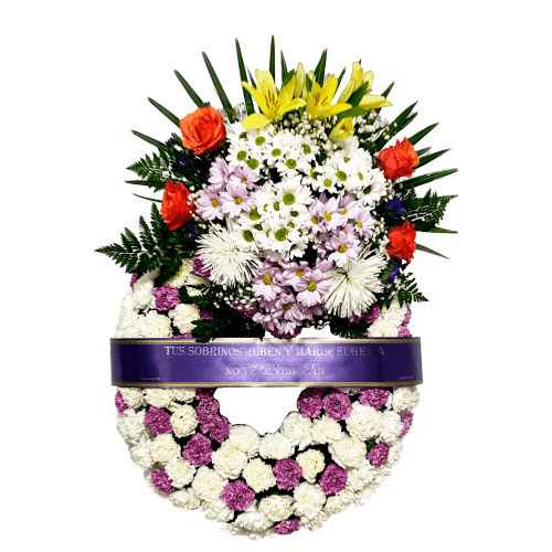 corona de flores morado y blanco