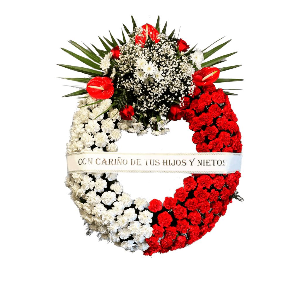 CORONA DE FLORES EN COLOR BLANCO Y ROJO
