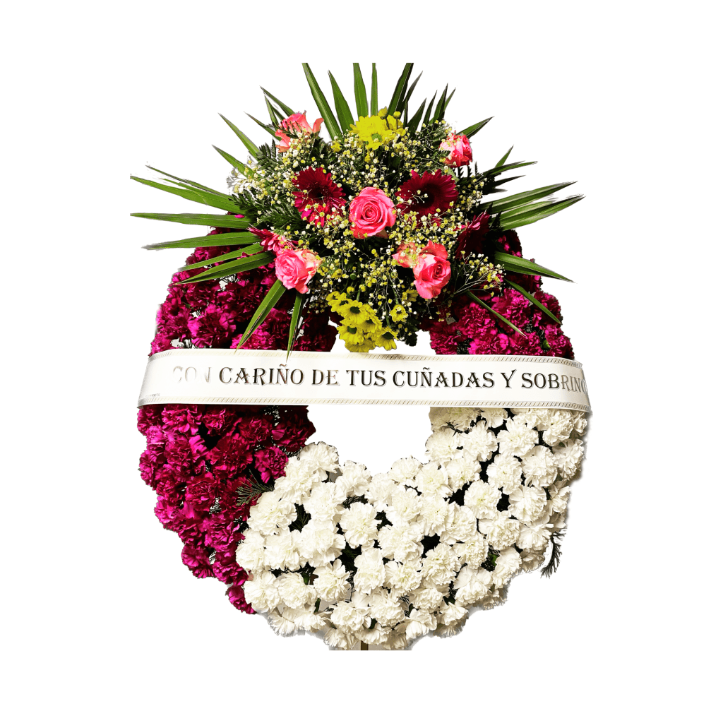 CORONA de flores en tonos blanco y rosa